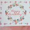 pink pastel floral wreath with text Happy Birthday inside and flower border