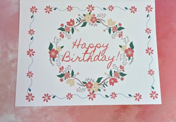 pink pastel floral wreath with text Happy Birthday inside and flower border