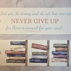 NeverGiveUp-Bookmarks1 bookmark with phrase Never Give Up and verse 2 Chronicles chapter 15 verse 7