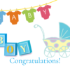 front of congralutions baby boy card with stroller onesies banner and blocks