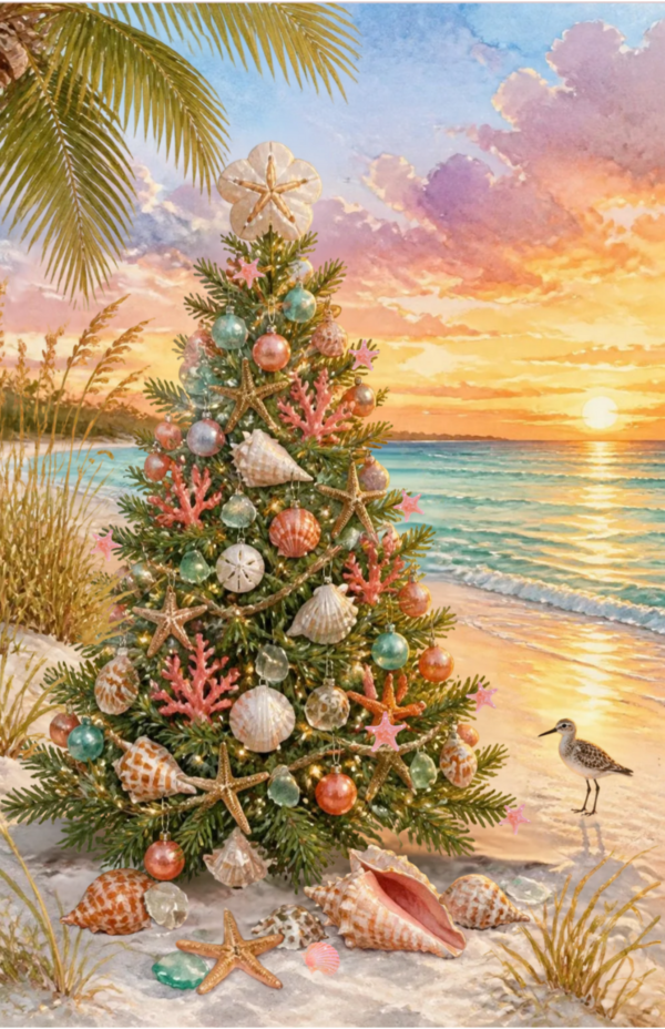 card front image christmas tree with seashell ornaments on the beach