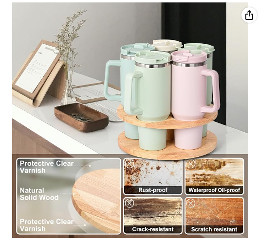 water bottle organizer in a lazy susan design of light wood